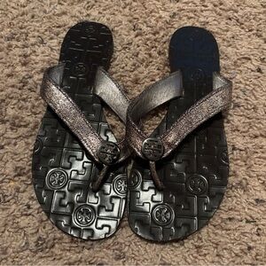 Tory Burch Metallic Flip Flops with Logo